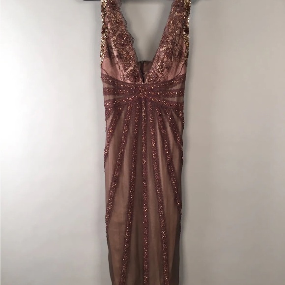 Mandalay Vintage Brown Beaded Gown Sequined Crystals Dress Deep V Neck 90s Y2K - Picture 10 of 12